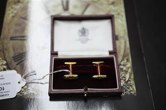 A pair of 1980s French 18ct gold and cabochon sapphire set cufflinks, retailed by Asprey & Co Ltd,